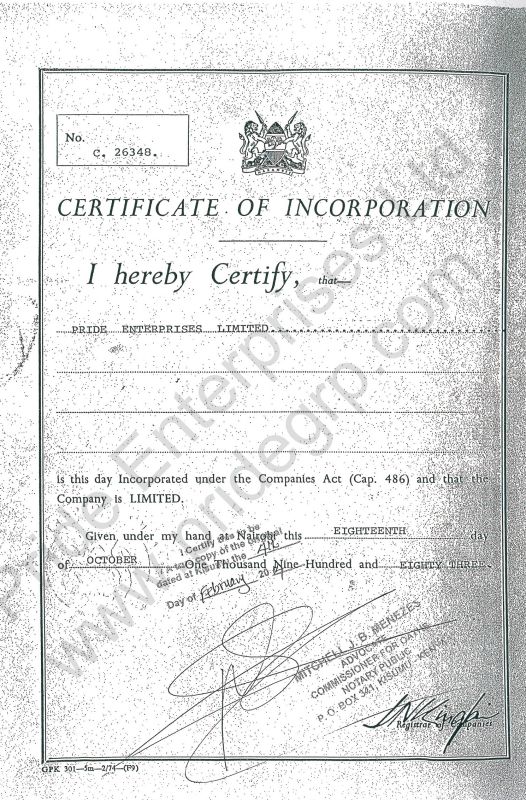 CERTIFICATE OF INCORPORATION - Pride Enterprises Ltd