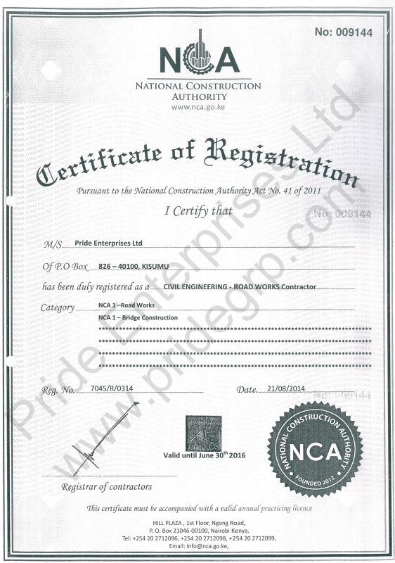 NCA Civil Engineering - Pride Enterprises Ltd