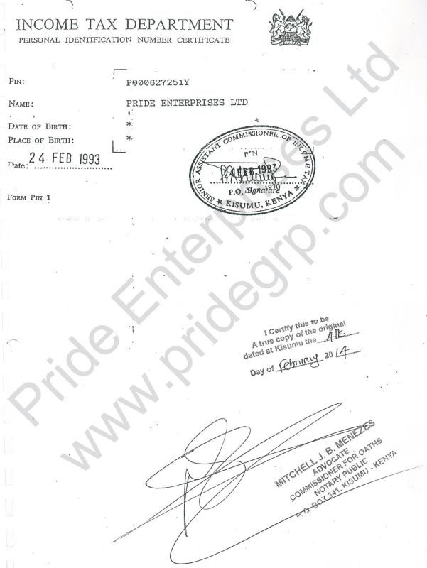 Pin Certificate - Pride Enterprises Ltd